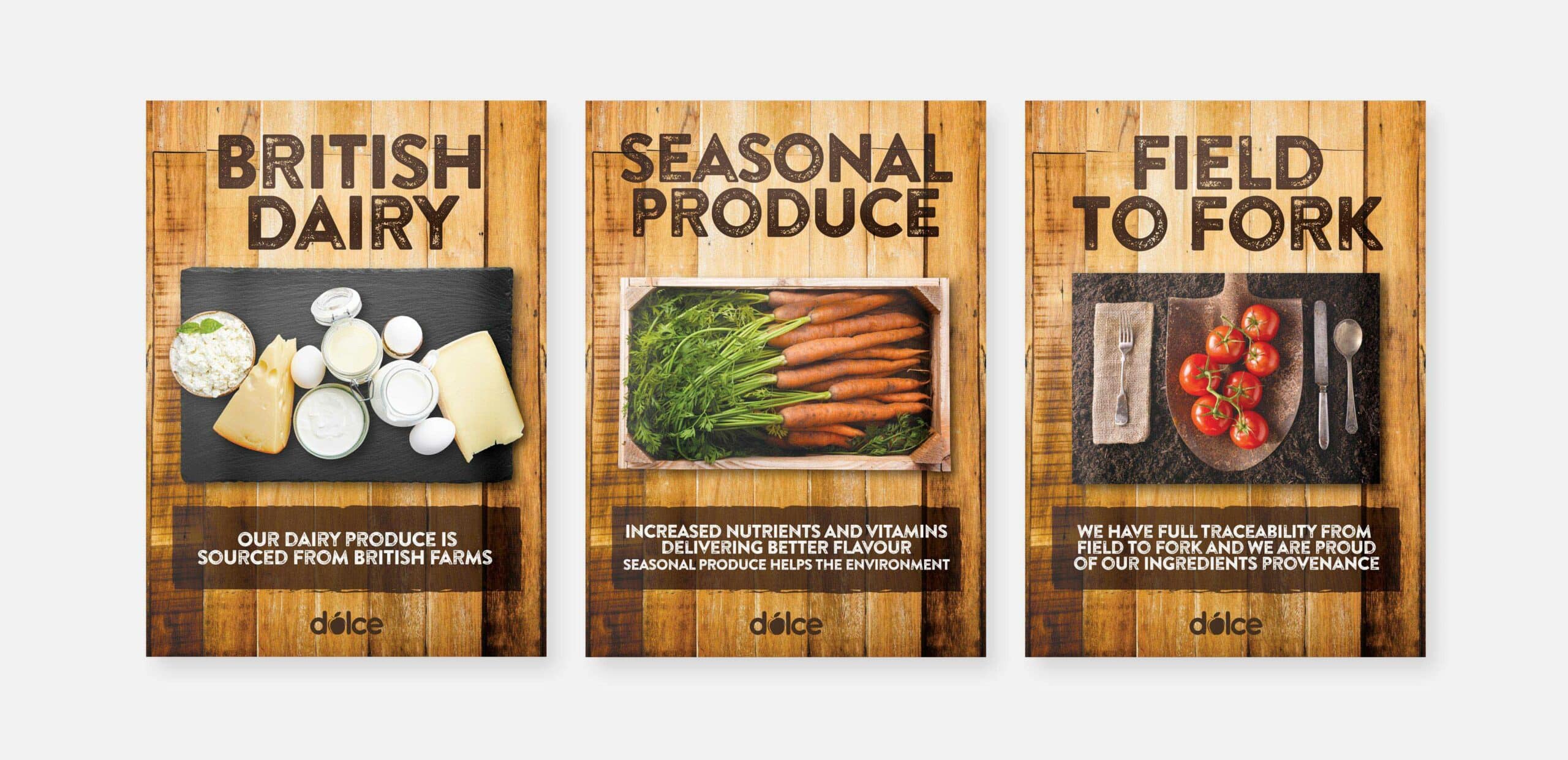 3 Posters of Dolce School Catering Highlight Fresh Ingredients