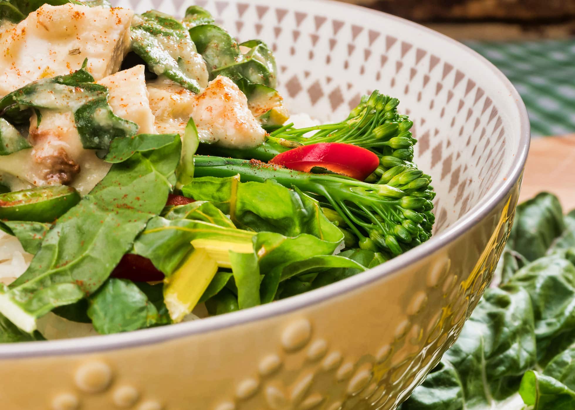 A Close Look At A Chicken Salad in a Salad Bowl