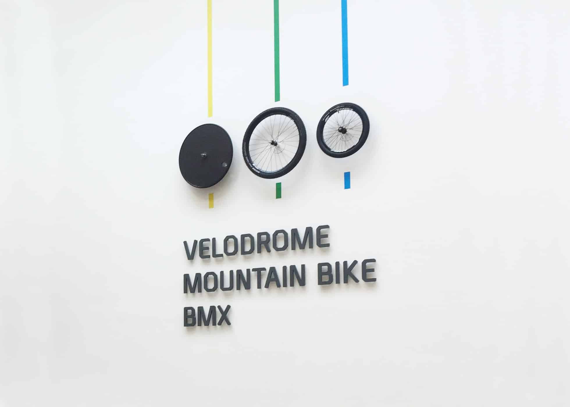 Velodrome Sign With Mountain Bike & BMX Wheels On Wall