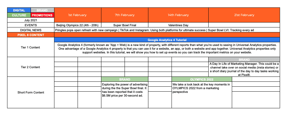 Marketing Calender Content Plan