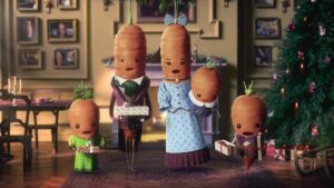 Aldi carrot family standing in front of the Christmas tree
